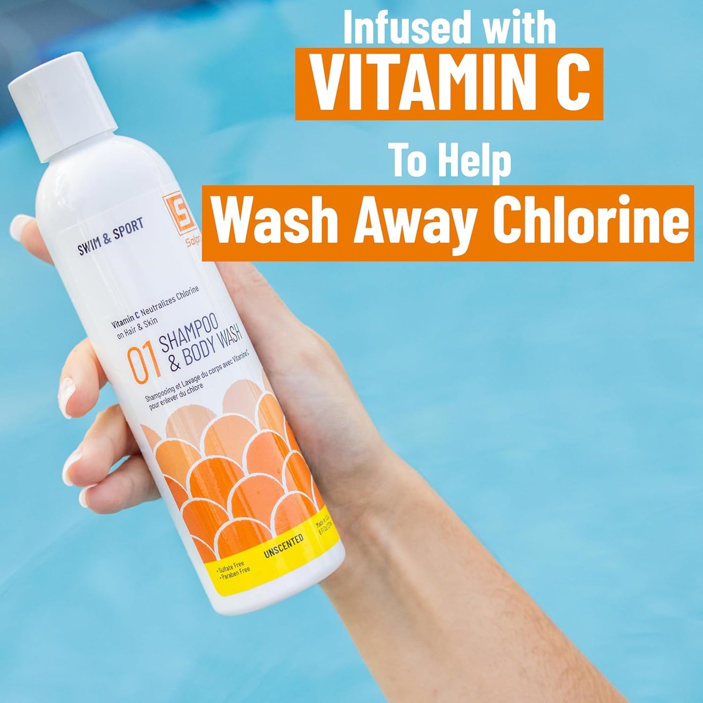 Swimmers Chlorine Swim Shampoo and Body Wash for Kids & Adults - Unscented with Vitamin C, Sulfate Free 8 Fl Oz