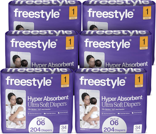 Freestyle BambooTek Diapers - (Size 1) Hyper Absorbent & Non-Toxic – Disposable Diapers for Sensitive Skin – Ultra Soft Diapers (8-14 lbs) – 204 Count