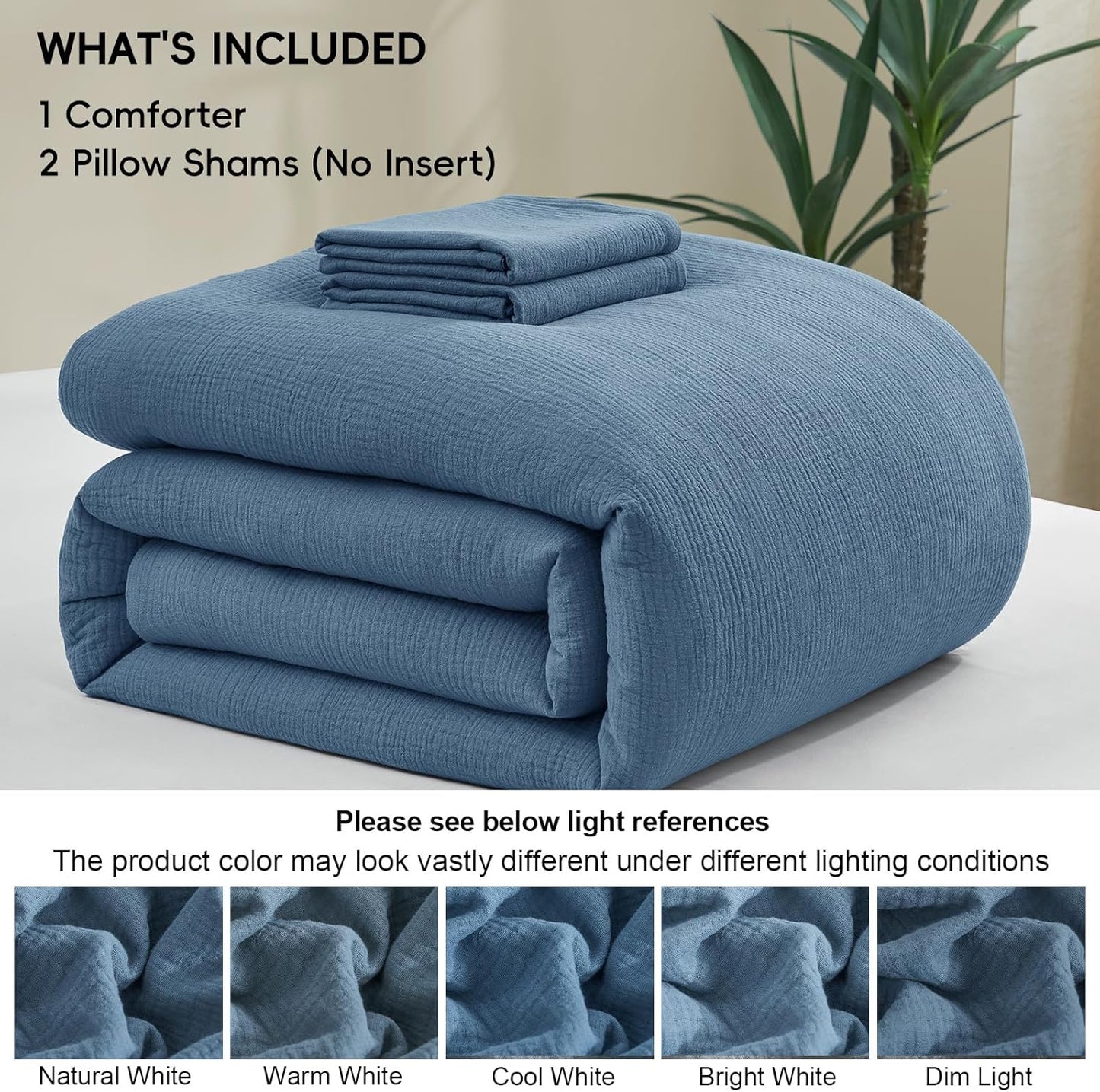 PHF 100% Cotton Muslin Comforter Set King Size – Ultra Soft, Breathable & Lightweight Bedding Set for All Seasons, 3 Pieces (1 Comfy Comforter 104"x90", 2 Pillow Shams 20"x36"), Captain's Blue
