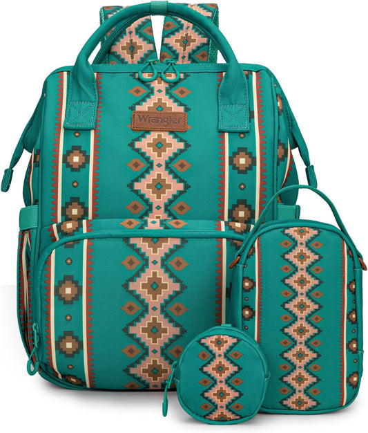 Montana West Wrangler Callie Diaper Bag Backpack with Pacifier Case, Crossbody Bottle Bag and Stroller Straps Western Pattern Multifunction Baby Travel Bag Set WG2215-9110TQ