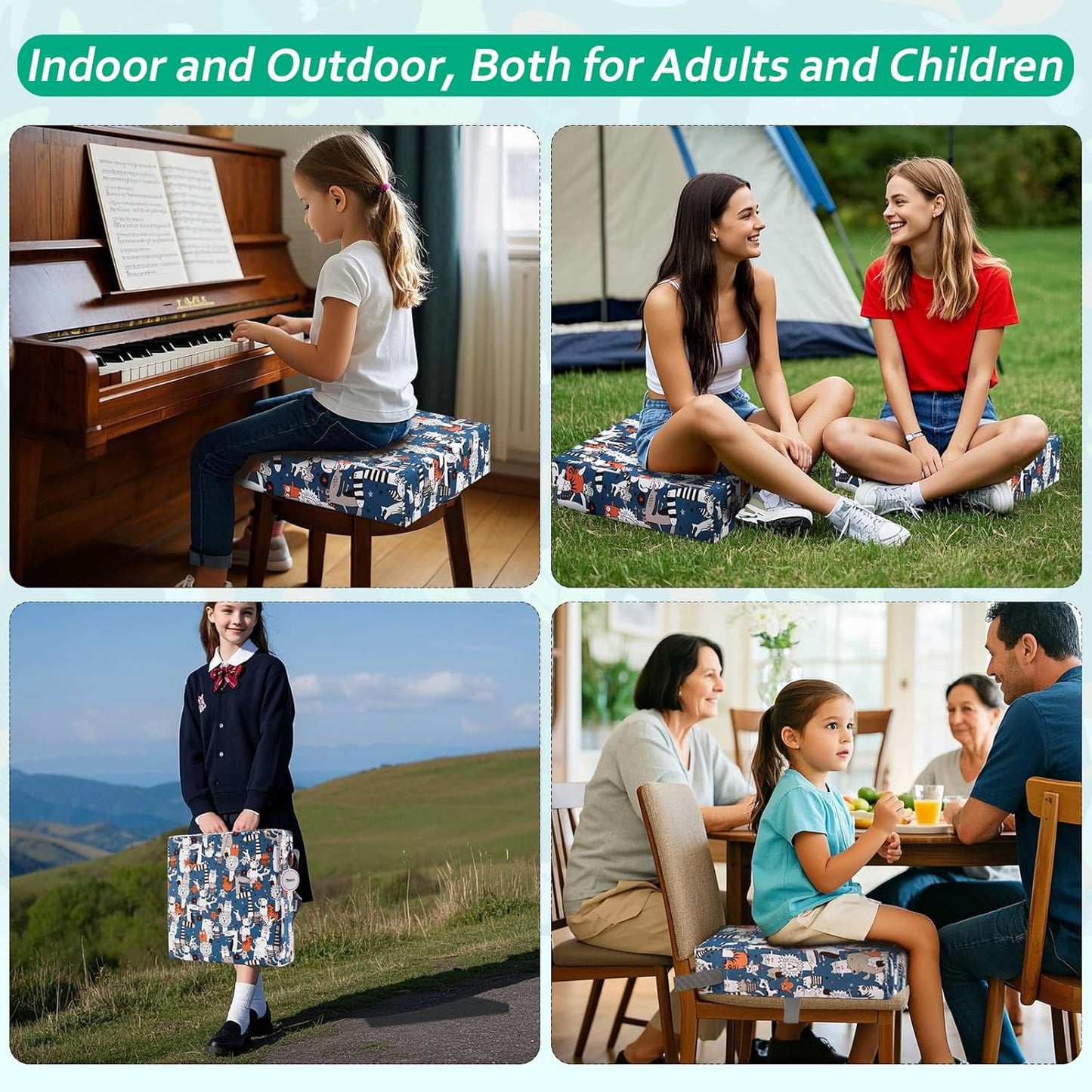 Zicac Portable Toddler Booster Seat for Dining Table, Safer Non-Slip Kids Booster Seat with Double Adjustable Straps, Washable Detachable Strong Support Increasing Cushion for Child (White Blue)