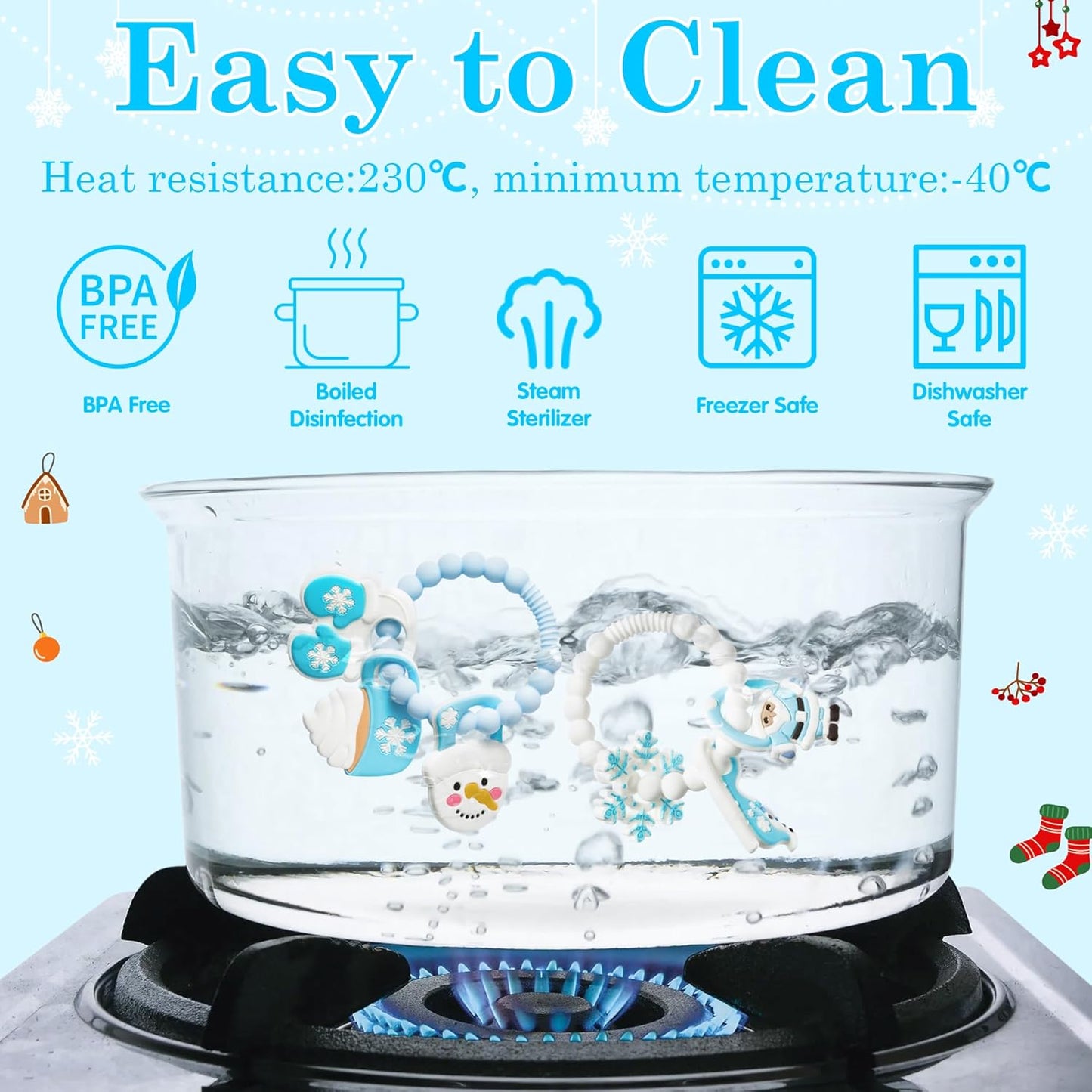 2Pcs Christmas Baby Silicone Teething Toys - Santa and Sleigh Ring, Soft Snowman Snowflake Teether for Toddlers - Chew Toy Gifts for Baby Boys and Girls