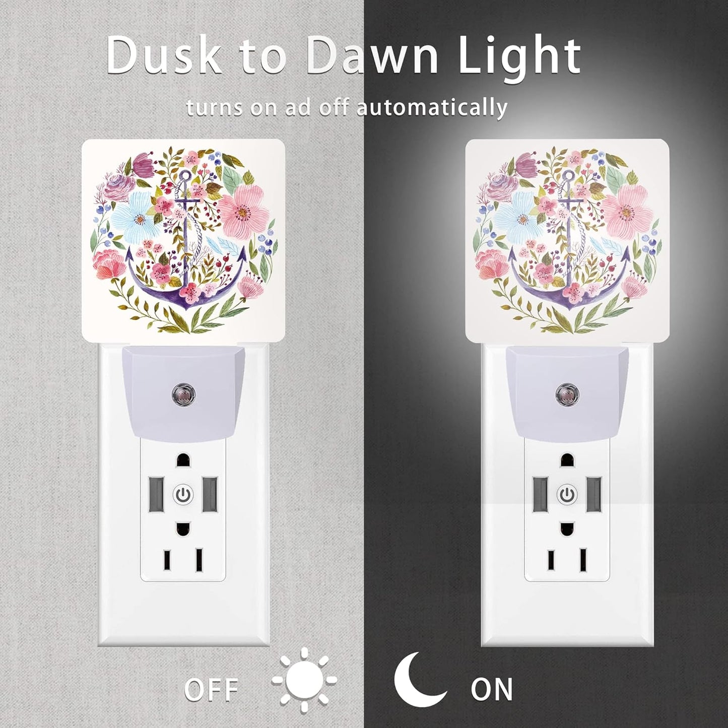 Anchor Night Light,Watercolor Floral Plug in Night Lights 0.5W Sleep Friendly for Boys Girls Led Night Light Dusk to Dawn Sensor Nightlight for Stairway/Hallway/Kitchen
