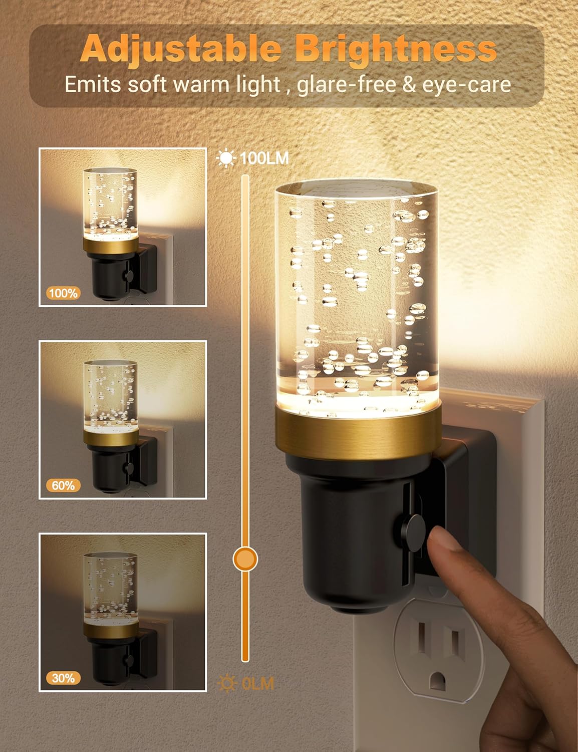 JandCase Night Light, Dimmable Night Lights Plug into Wall, Auto On/Off Light Sensor Nightlight, 3000K Warm White 0-100LM Brightness LED Nightlight, for Bathroom Hallway Bedroom Kids Room