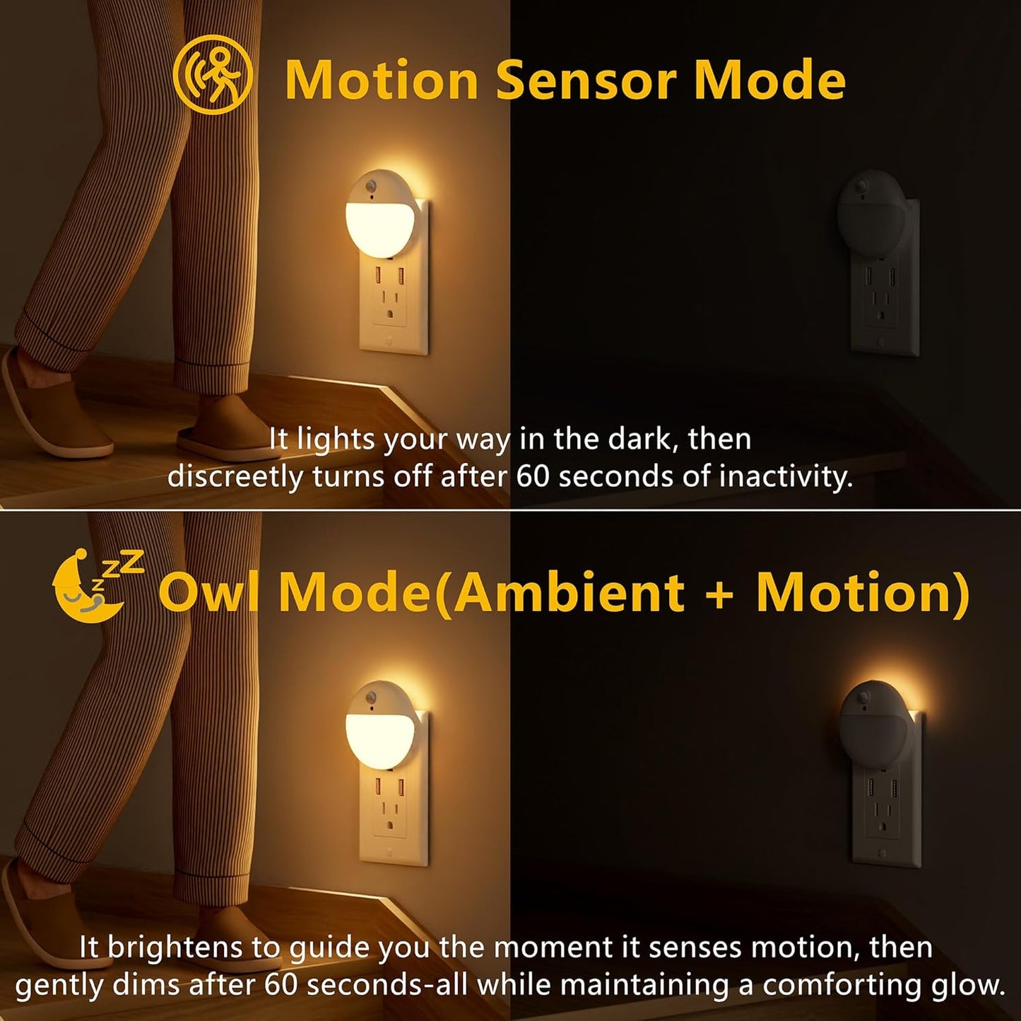 2 Pack Plug in Night Light with Motion Sensor and Dusk to Dawn Sensor, Stepless Dimming, Warm White LED Nightlight with 3 Lighting Ways for Bathroom, Bedroom, Kitchen, for Kids, Adults