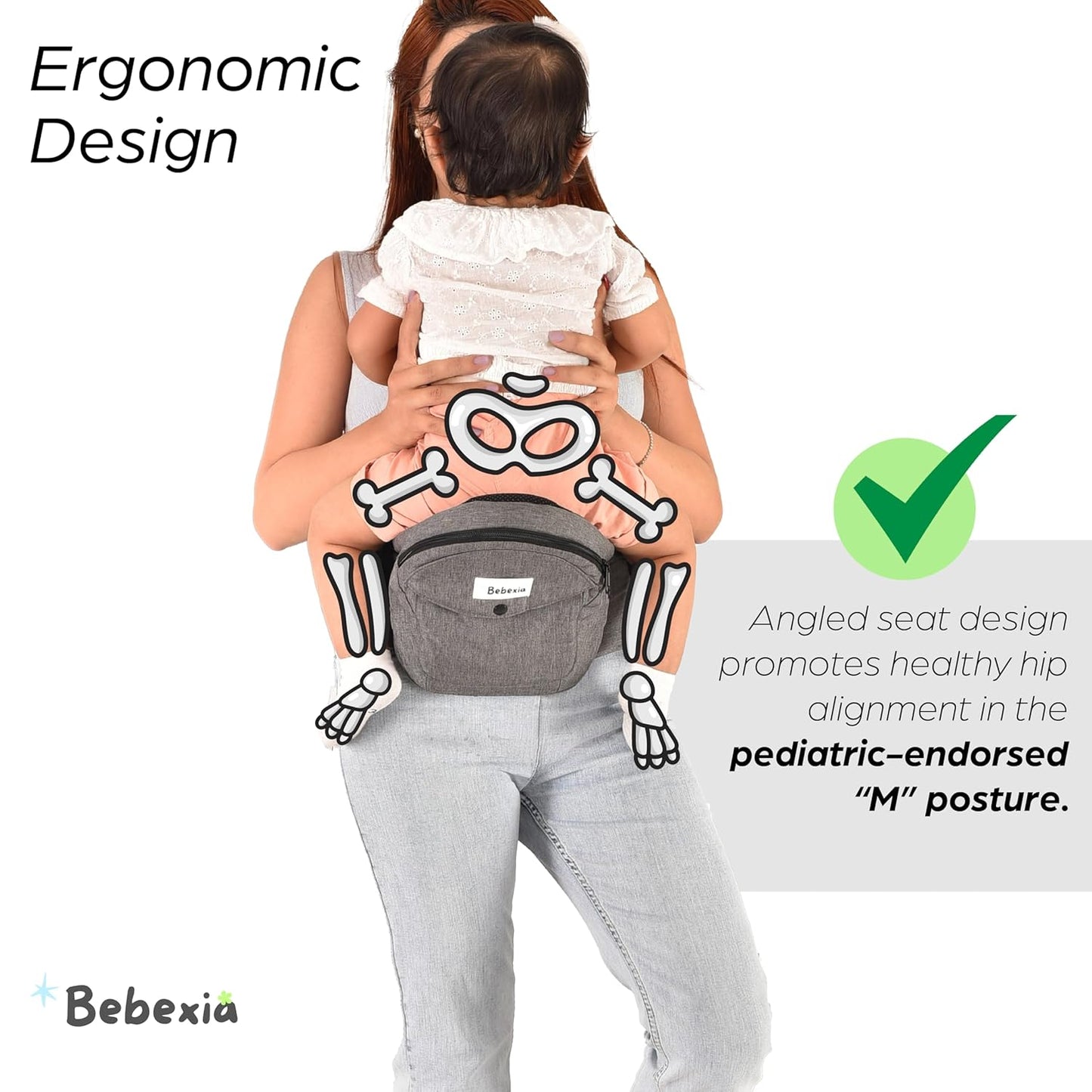 Baby Carrier with Hip Seat - with Lumbar & Back Support – Adjustable Waistband with Strong Support - Health Certified, Machine Washable, Fits Medium–Large (Black) (Grey)