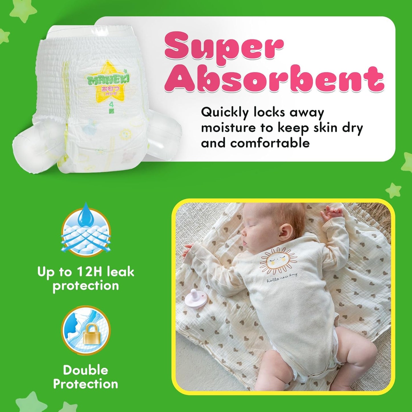 MANEKI Size 5 Diaper Pants, Overnites Baby Diapers Size 5 (26-37 lbs), 76 Count (2 Packs of 38), Pull-Ups Style, No Skin Irritation