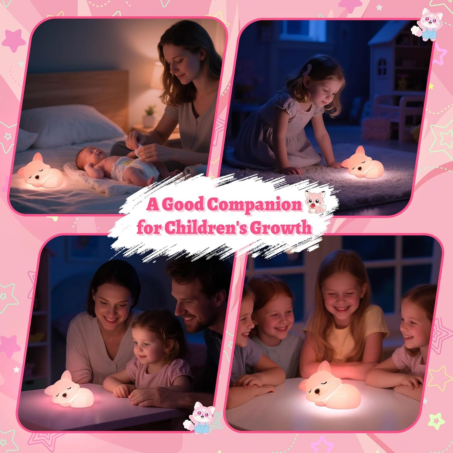 Pink Fox Night Light Toy Gifts for Girls, Cute Fox Squishy Lamp for Daughter Gifts, Dimmable Rechargeable Silicone Animal Night Light, Sweet Birthday Xmas Gift for Girls Room Pink Decor