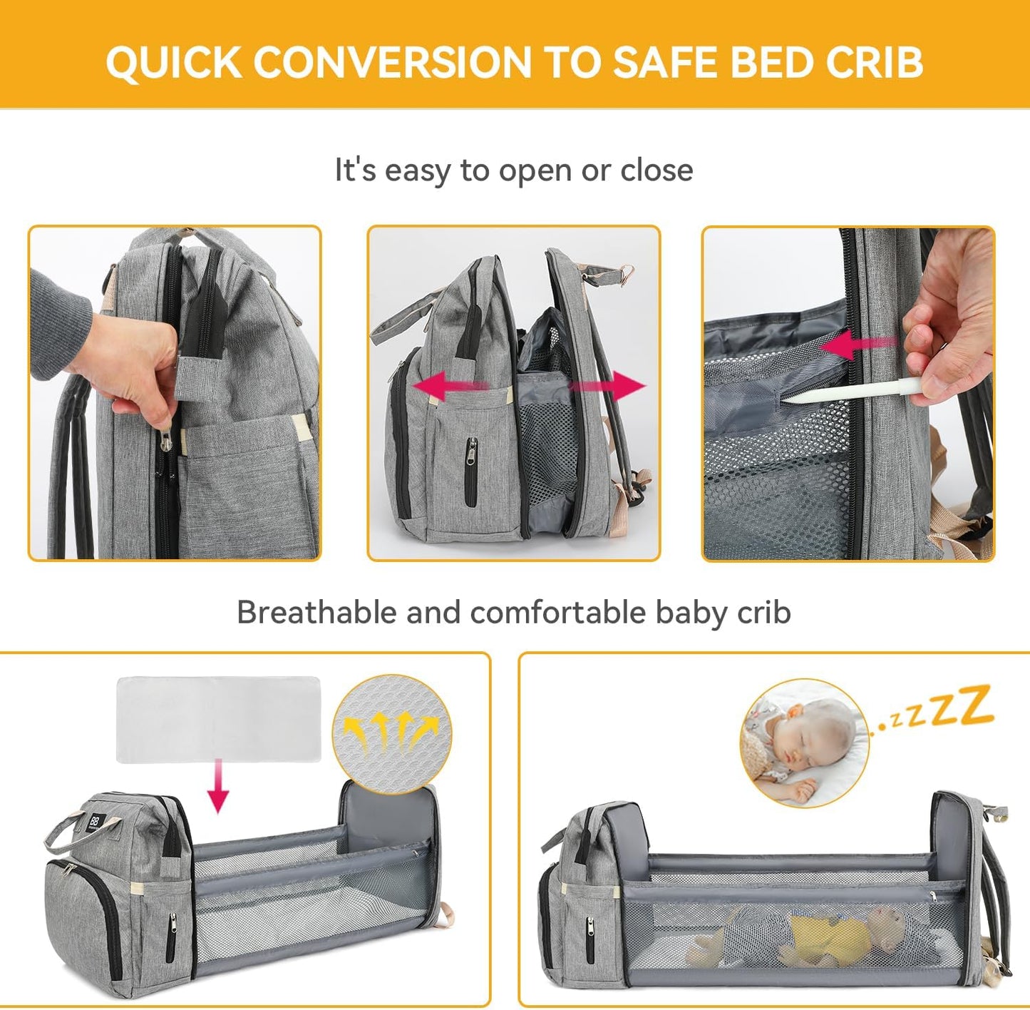 Diaper Bag Backpack with Changing Station – Large Waterproof Baby Bag for Moms & Dads, Pañaleras para Bebe, Multifunctional Diaper Backpack for Baby Girl, Travel Essentials (Gray)