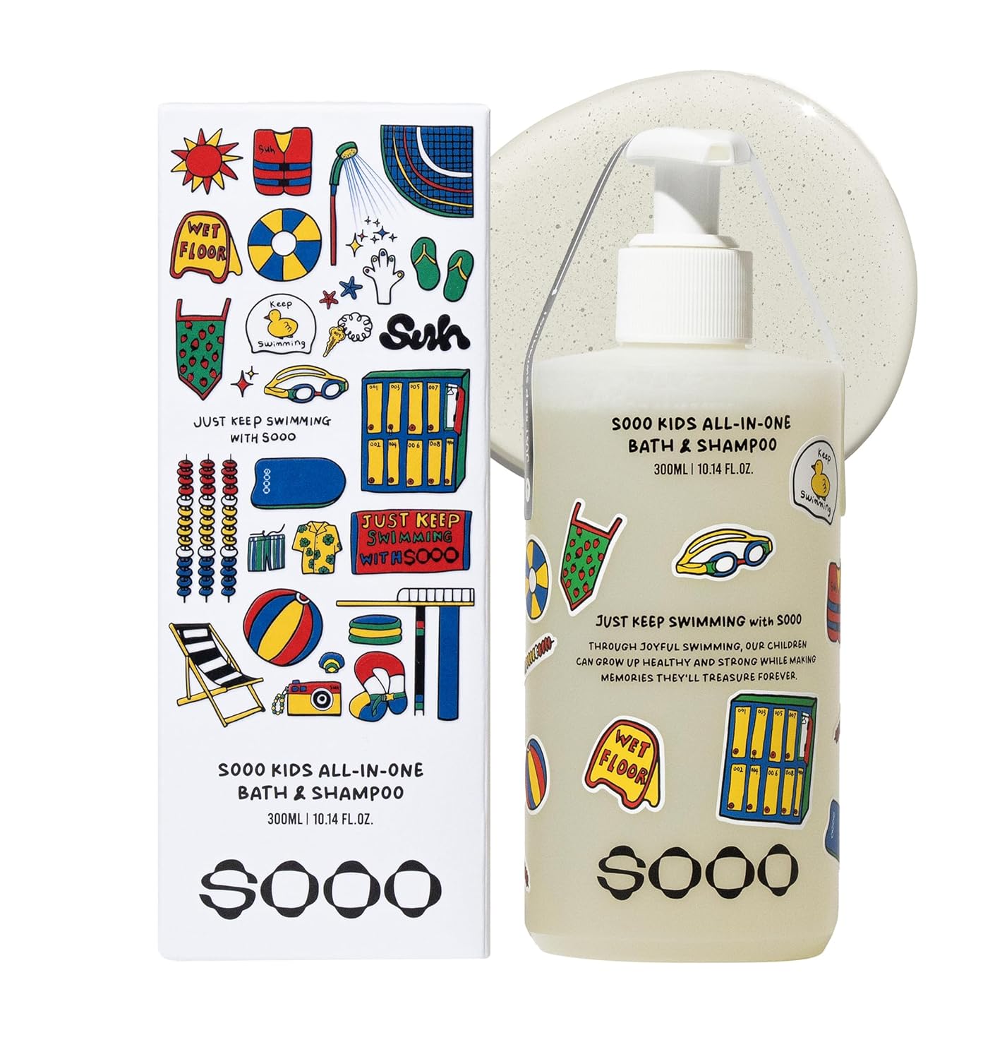 SOOO Kids Swimming Shampoo & Body Wash 2-in-1 Tear-Free Gentle Pool Care for Baby & Kids, Removes Chlorine & Salt After Swimming, Hydrating & Moisturizing Formula, Sulfate-Free, Paraben-Free 10.1oz