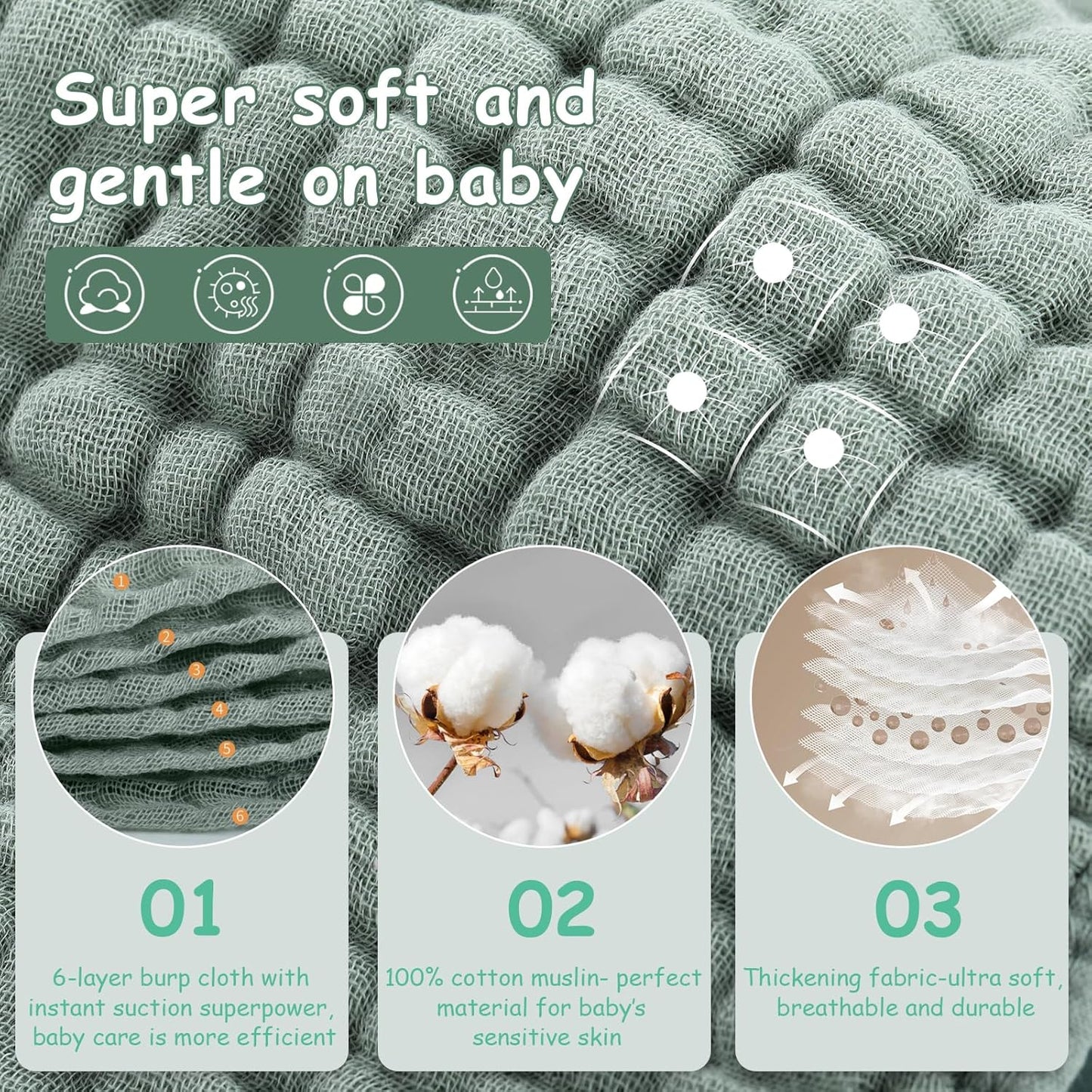 Looxii Muslin Burp Cloths 100% Cotton Muslin Cloths Large 20''x10'' Extra Soft and Absorbent 6 Pack Baby Burping Cloth for Boys and Girls White+Green