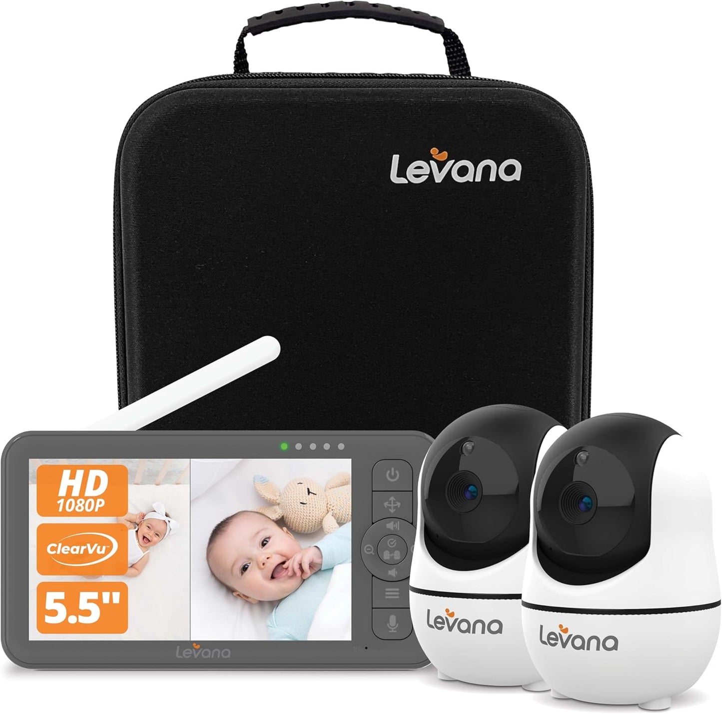 Levana Nala 5.5" HD Video Baby Monitor, 2 1080P Night Vision PTZ Cameras, 22 Hour Battery Life, 5000mAH Battery, No WiFi, Two-Way Talk, 1000ft Range, Carrying Case, 2 Year Warranty
