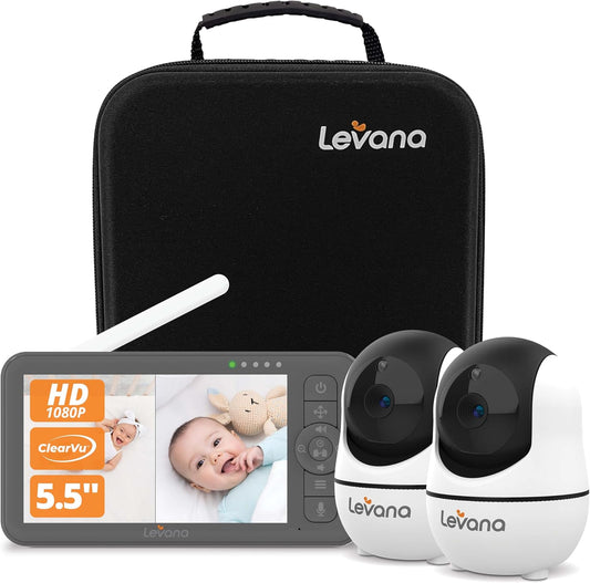 Levana Nala 5.5" HD Video Baby Monitor, 2 1080P Night Vision PTZ Cameras, 22 Hour Battery Life, 5000mAH Battery, No WiFi, Two-Way Talk, 1000ft Range, Carrying Case, 2 Year Warranty