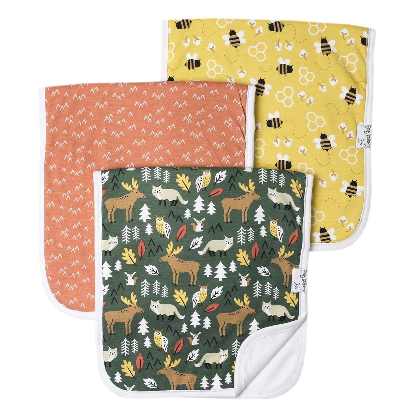 Copper Pearl Premium Baby Burp Cloths - 3-Pack Large Cotton Burp Cloths, Extra Soft Spit Up Rags with 3 Absorbent Layers, Perfect for Baby Boy and Baby Girl Gifts (21" x 10" Size, Atwood Set)