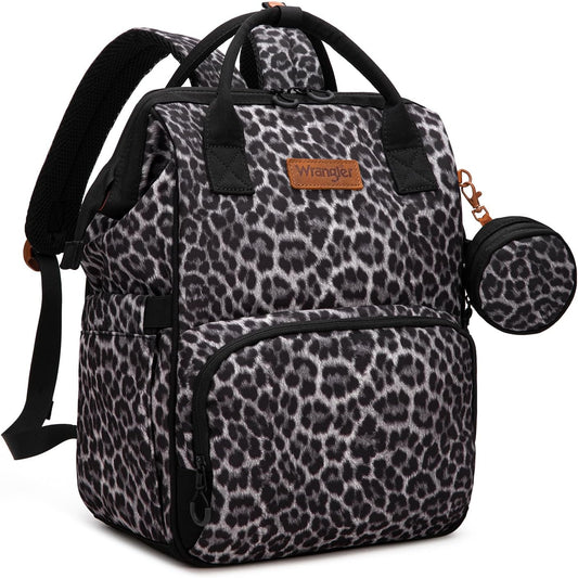 Wrangler Leopard Print Backpack Multifunction Baby Travel Bag with Changing Pad, Stroller Straps and Pacifier Case WG2204-91103LP-BK