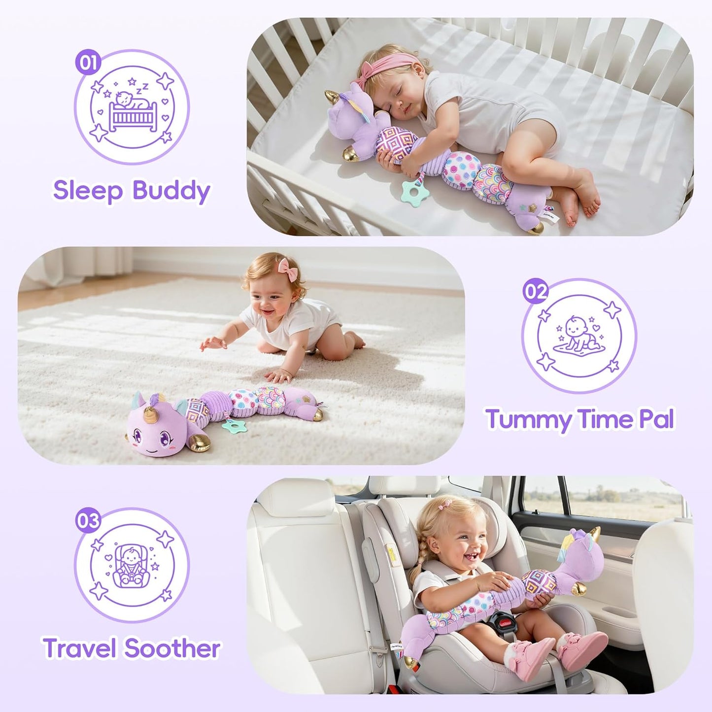 Unicorn Baby Toys 6-12 Months Infant Musical Stuffed Toys for Newborn Tummy Time Sensory Toys for Babies with Crinkle and Rattle 0-3-6-12 Months Old Baby Girl Must Have Christmas Gifts - Purple