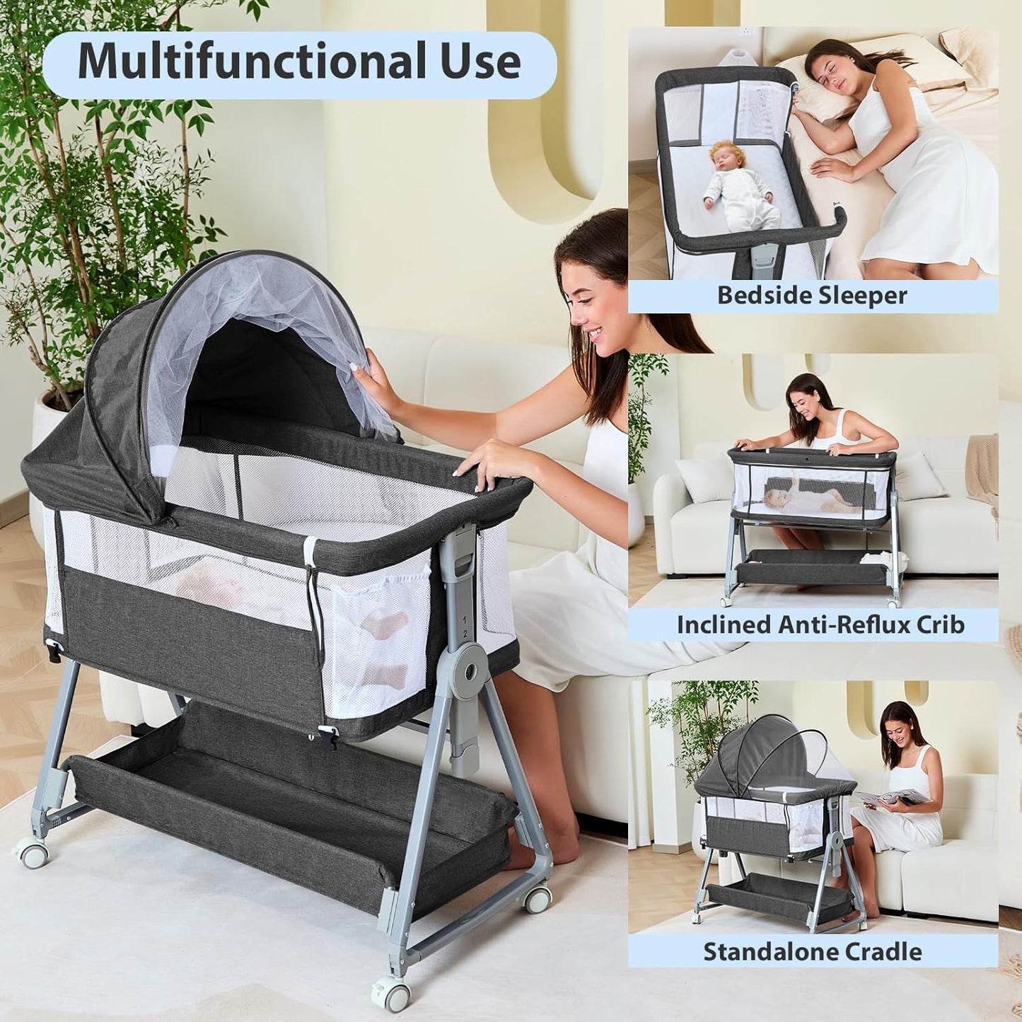 3-in-1 Baby Bassinet Bedside Sleeper with Wheels Bedside Bassinet for Newborn and Infant with Mattress and Storage Basket | Adjustable Height & Angle (13.5-18") | ASTM/CPSIA Certified (Black)