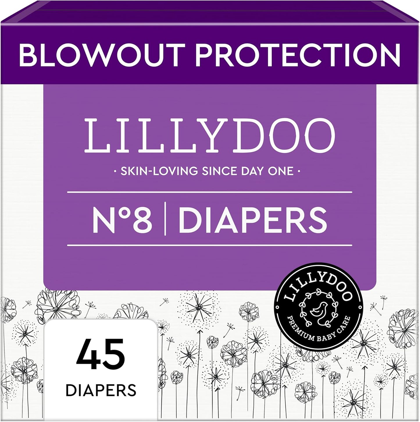 LILLYDOO Baby Diapers - Size 8 (37+ lbs), Half-Monthly Supply (45 Count), Leak Protection, Skin-Friendly, Ultrasoft, Perfume- & Chlorine-Free, Hypoallergenic, Dermatologist Tested, Oeko-TEX®