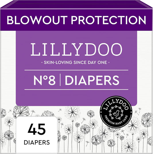 LILLYDOO Baby Diapers - Size 8 (37+ lbs), Half-Monthly Supply (45 Count), Leak Protection, Skin-Friendly, Ultrasoft, Perfume- & Chlorine-Free, Hypoallergenic, Dermatologist Tested, Oeko-TEX®