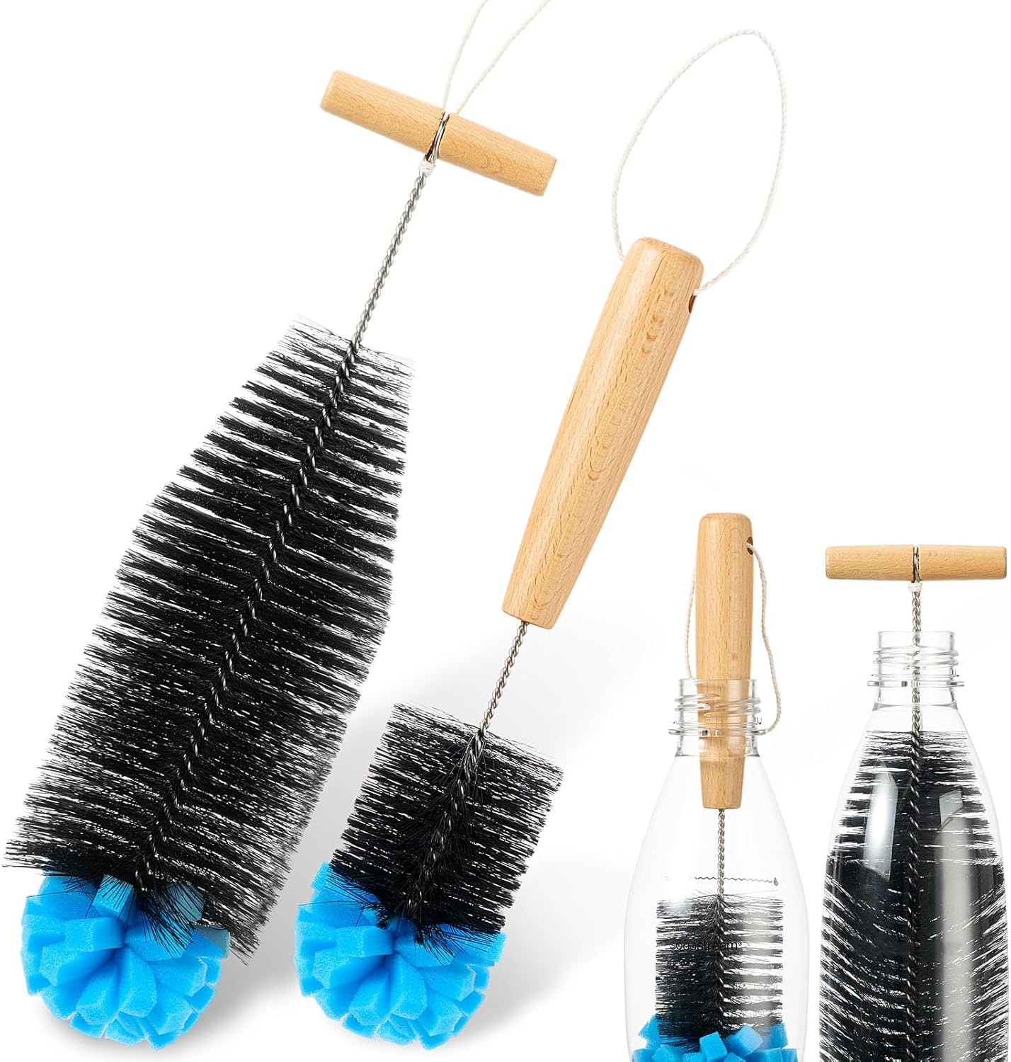 Mimorou 2 Pack Sponge Bottle Brush Compatible with SodaStream, Soda Bottle Cleaner Brush with Gentle & Anti-Scratch Bristles, Wood Handle for Glassware Cleaning, Black