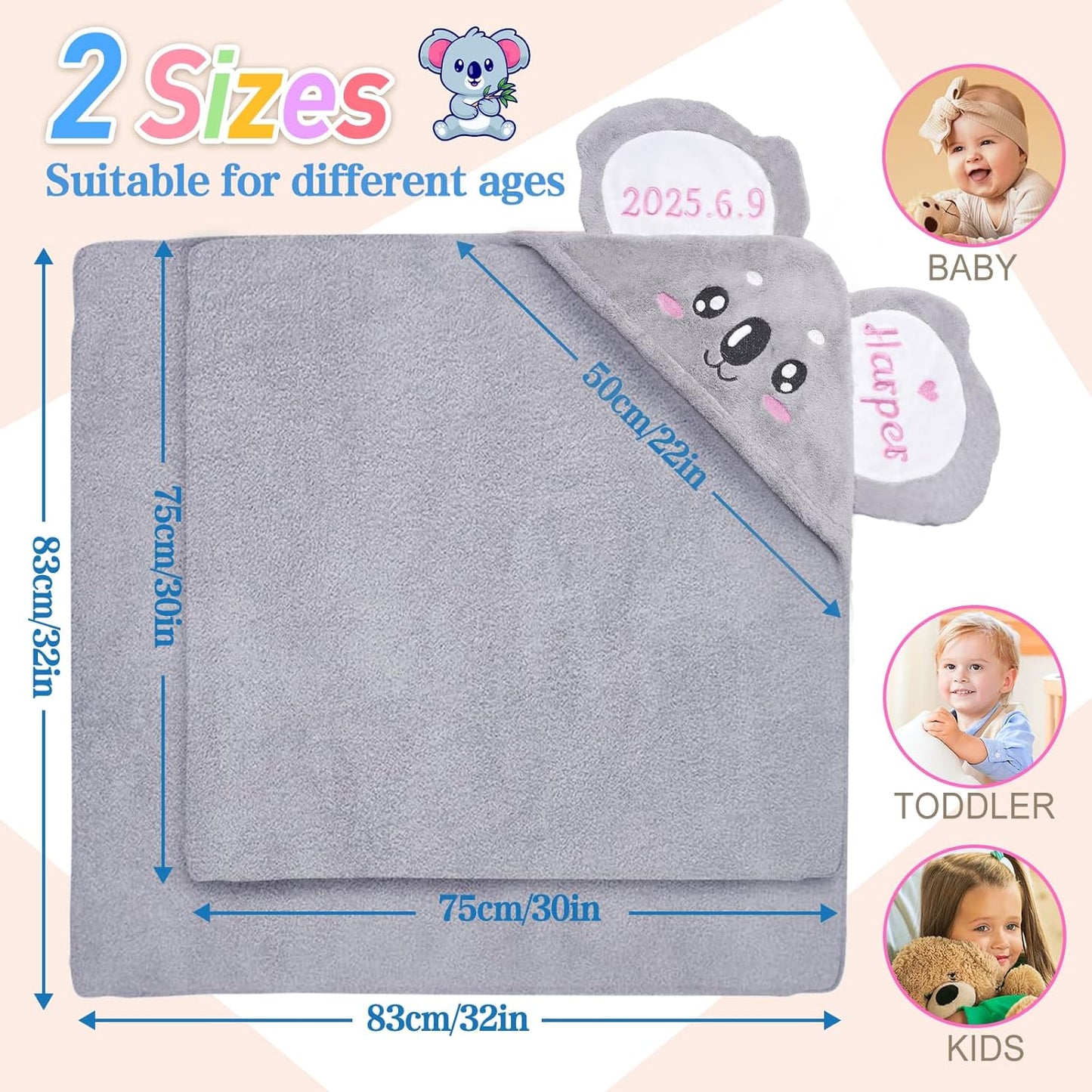 Custom Hooded Bath Towel with Name, Personalized Highly Absorbent Bunny Towels, Baby Bath Towels for Girls Boys, Brithday for Baby, Toddler, Newborn (Koala-Grey)
