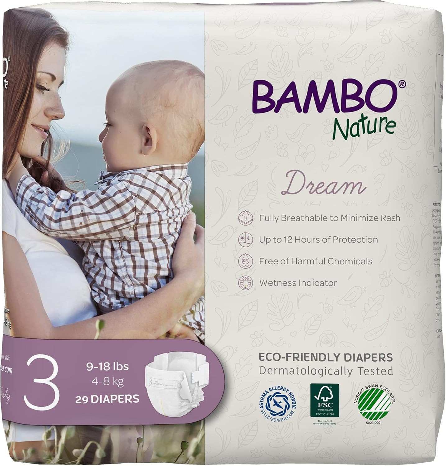 Bambo Nature Hypoallergenic Dream Baby Diapers, Premium Eco-Labeled Sustainable Diapers, Enhanced Leakage Protection, Totally Chlorine-free, Skin Friendly, and Super Absorbent - Size 3 (87 Count)