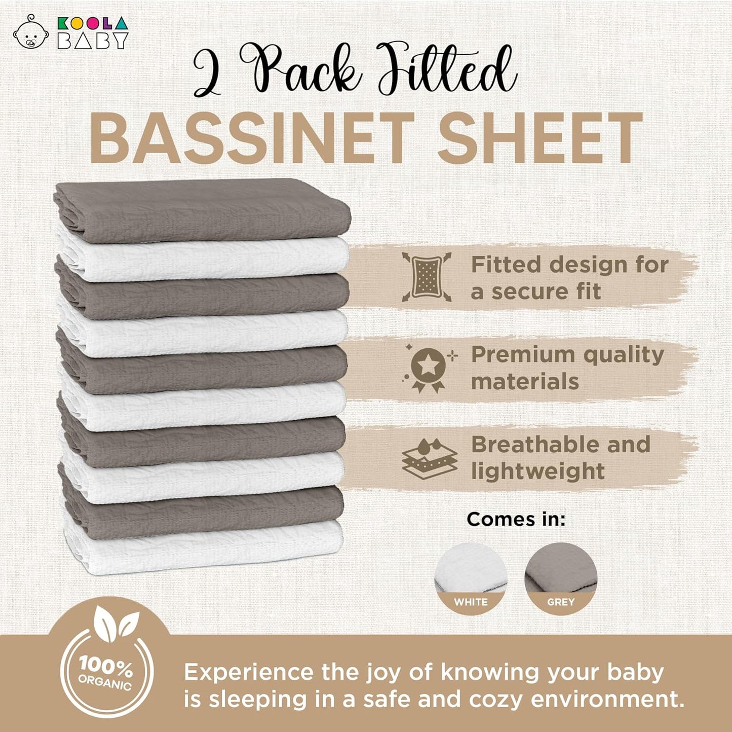Bassinet Fitted Sheets - Compatible with Fodoss, Mika Micky & Dream on Me Poppy Traveler Bassinet | 100% Organic Muslin Cotton - White + Grey | 32x19 (2 Pack)