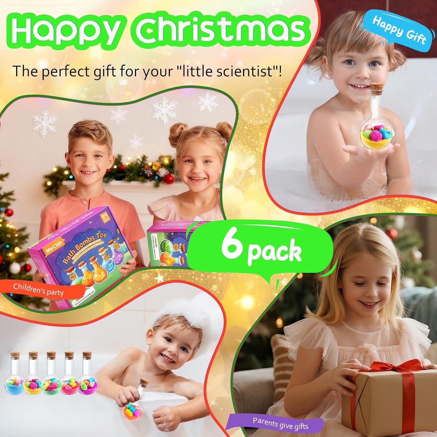 MeCids Magic Potion Bubble Bath Bombs for Kids -Bath Color Tablets Bath Potions for Toddlers Ages 4-12 Fun Science Kit Gift for Birthday, Halloween，Christmas- 6 Pack (Shaped Gems & Stars)