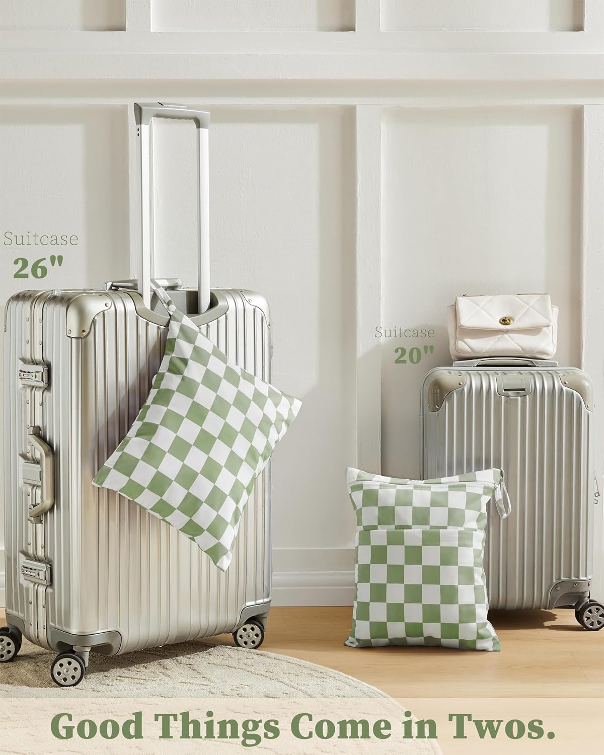 Sage Green Checkered Waterproof Wet Dy Diaper Bag for Baby Essentials, Travel, Swimsuit, Beach Bag Accessories, Aesthetic Trendy Cute Toddler Baby Cloth Bag Pouch, Pack of 2