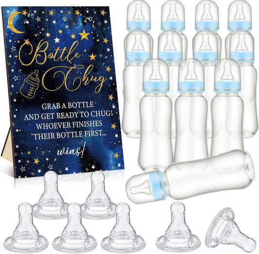 TrelaCo Star Cool Baby Shower Games Bottle Chug Sign Wooden Twinkle Moon and Star Gift Sets Gender Reveal Party Favors and 12 Pcs Baby Bottle Shower Favor for Gender Reveal Game