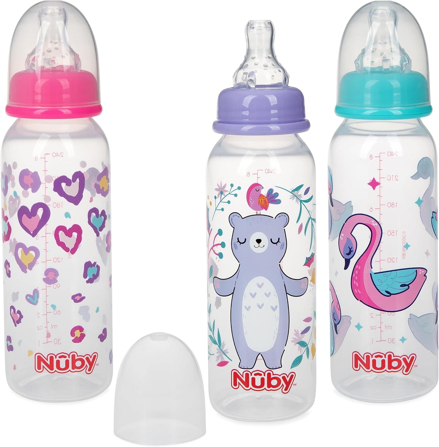 Nuby Printed Non-Drip 8oz Bottle, 3 Pack - Pink, Purple, Aqua