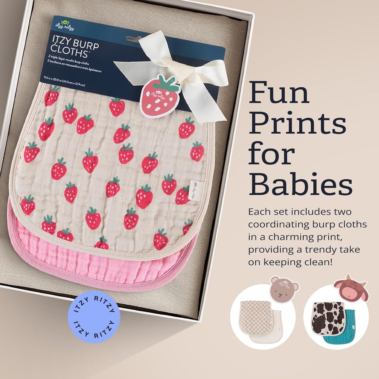 Itzy Ritzy Set of 2 Baby Burp Cloths – Ultra-Soft Absorbent Burping Cloths for Babies - Made of 100% Cotton Muslin and Generously Sized with Trendy Coordinating Prints – Machine Washable (Strawberry)