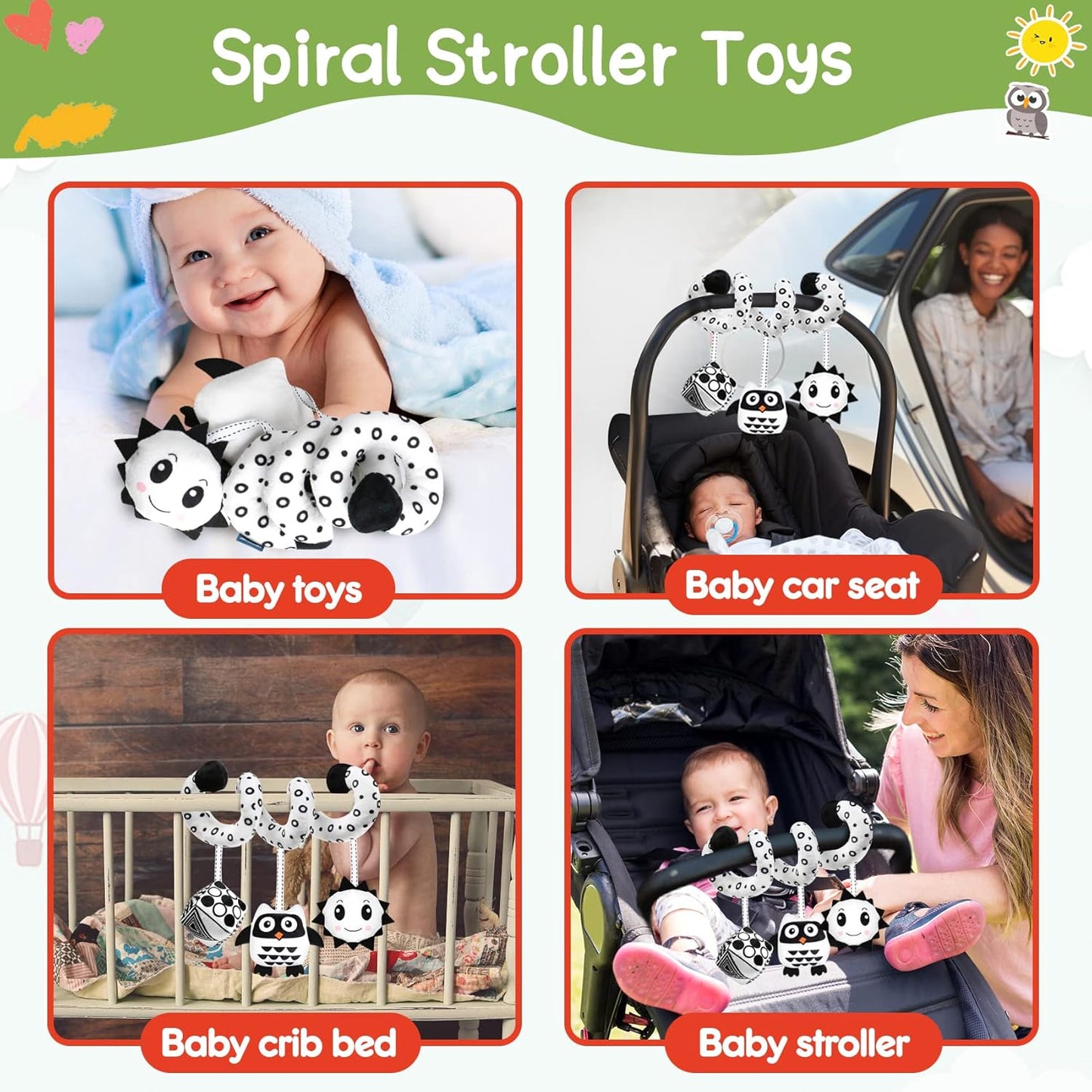Baby Spiral Hanging Stroller and Car Seat Toys Black and White High Contrast Sensory Toy Newborn Plush Activity Toys Party Favors Quality Gifts for Baby Shower -OWL