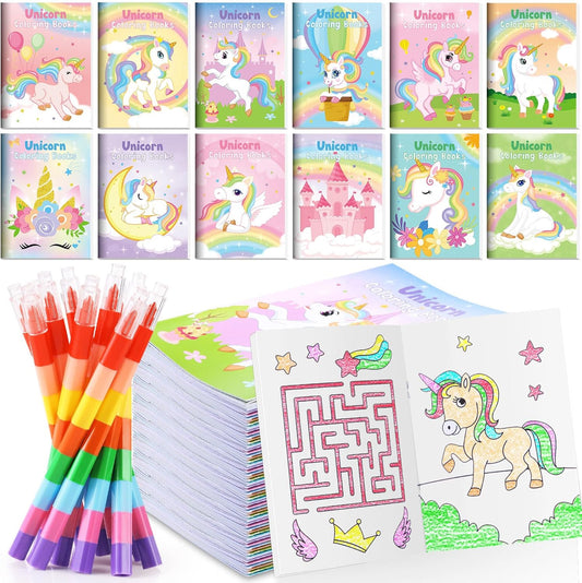 BenLouis 12 Unicorn Mini Coloring Books Kids with 12 Stacking Crayons Unicorn Birthday Party Favors Small Activity Books Bulk for Kids Rainbow Party Gift Goodie Bag Stuffers