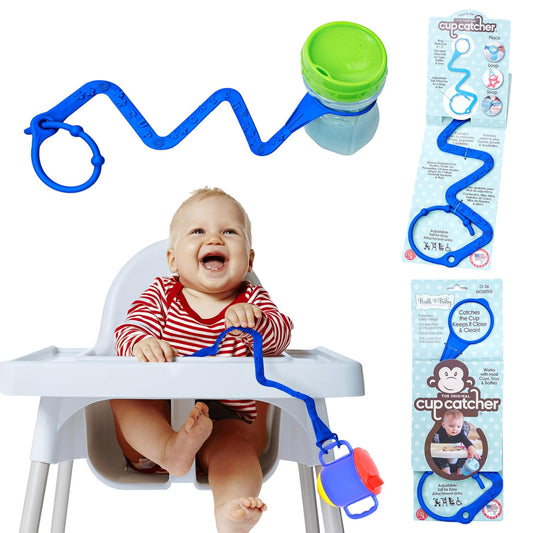 Brilli Baby Cup Catcher Patented Safety Tether Strap, Attach Sippy Cups, Bottles, Pacifiers & More to Stroller, High Chair, Car Seat, Made in USA, Food Grade, Dishwasher Safe (Navy)