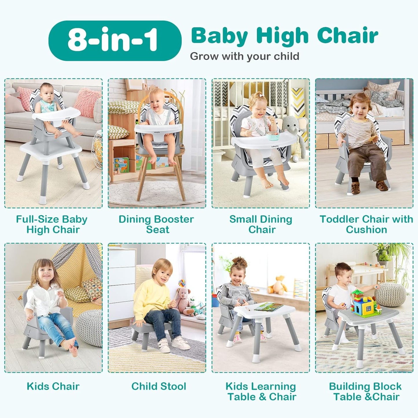 BABY JOY Baby High Chair, 8 in 1 Convertible Highchair for Babies & Toddlers | Booster Seat | Table and Chair Set | Building Block Table | Toddler Chair with Safety Harness, Removable Tray (Chevron)