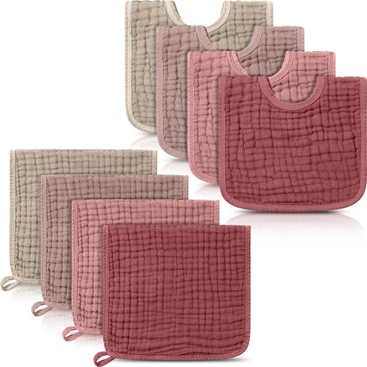 Tallew 8 Pack Muslin Burp Cloths and Baby Bibs for Boy Girl 20" x 10" Cotton Baby Bandana Drool Bibs Muslin Burp Cloths Absorbent Rag for Newborn Toddler Infant Gifts(Dark Pink)