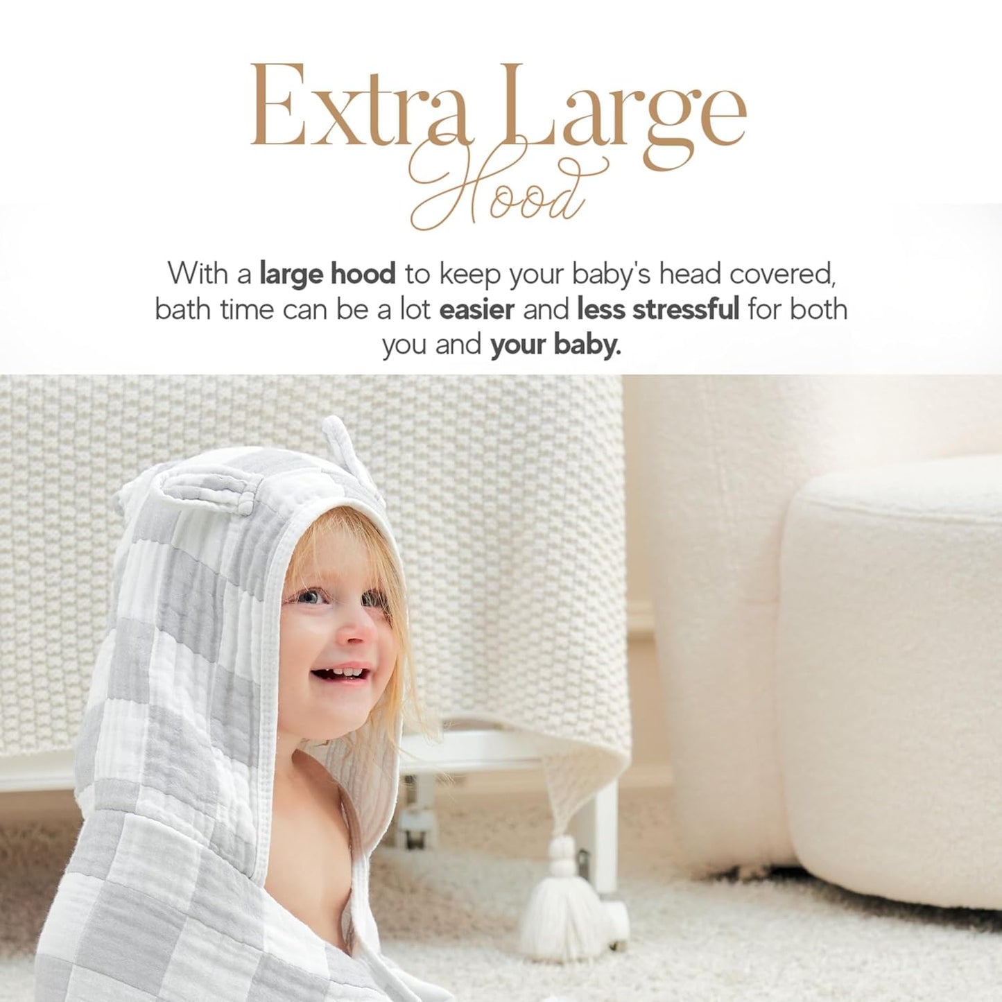 Ultra-Soft Muslin Baby Hooded Towel - 55 x 28 Inches, Ideal for Bath & Beach, Suitable for Both Boys & Girls from Newborns to Toddlers