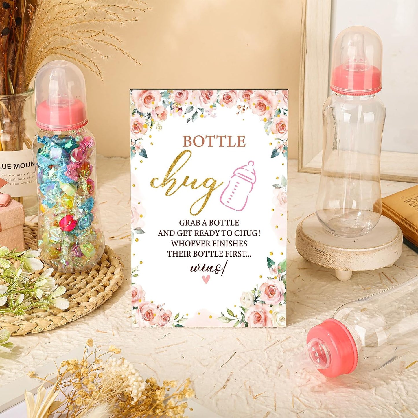 TrelaCo Floral Cool Baby Shower Games Bottle Chug Sign Wooden Floral Gift Sets Gender Reveal Party Favors and 12 Pcs Baby Bottle Shower Favor for Games Gender Reveal