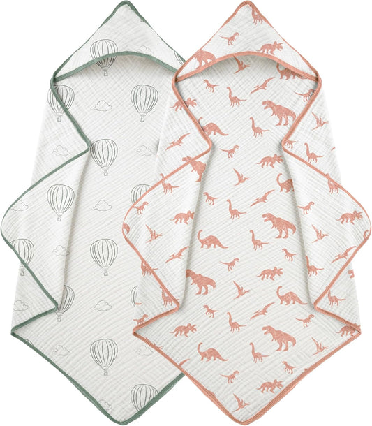 Muslin Hooded Baby Towels for Newborns, 32"x32", 100% Cotton – 6 Layers Super Soft Absorbent Breathable, Baby Bath Towel, Toddler Bath Towel – Pack of 2
