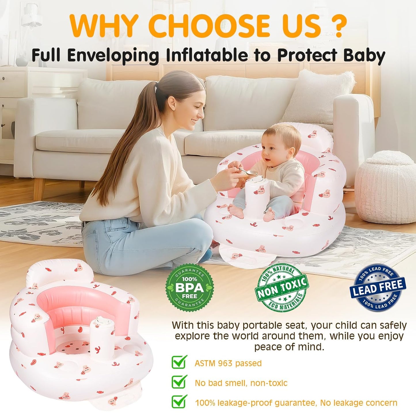 Baby Camping Chair, Inflatable Seat for Babies 3-36 Months, Baby Sit Up Chair with Built in Pump - Pink Bunny