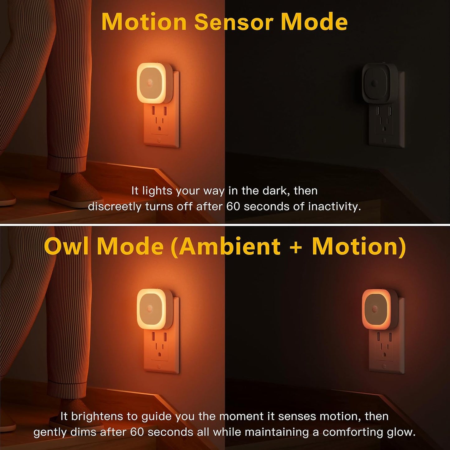 2 Pack Plug in Night Light with Motion Sensor & Dusk to Dawn Sensor, 3 Sensor Modes, Dimmable Night Lights Plug into Wall, Amber Nightlight for Sleep, Bathroom, Bedroom, Indoors, Kids