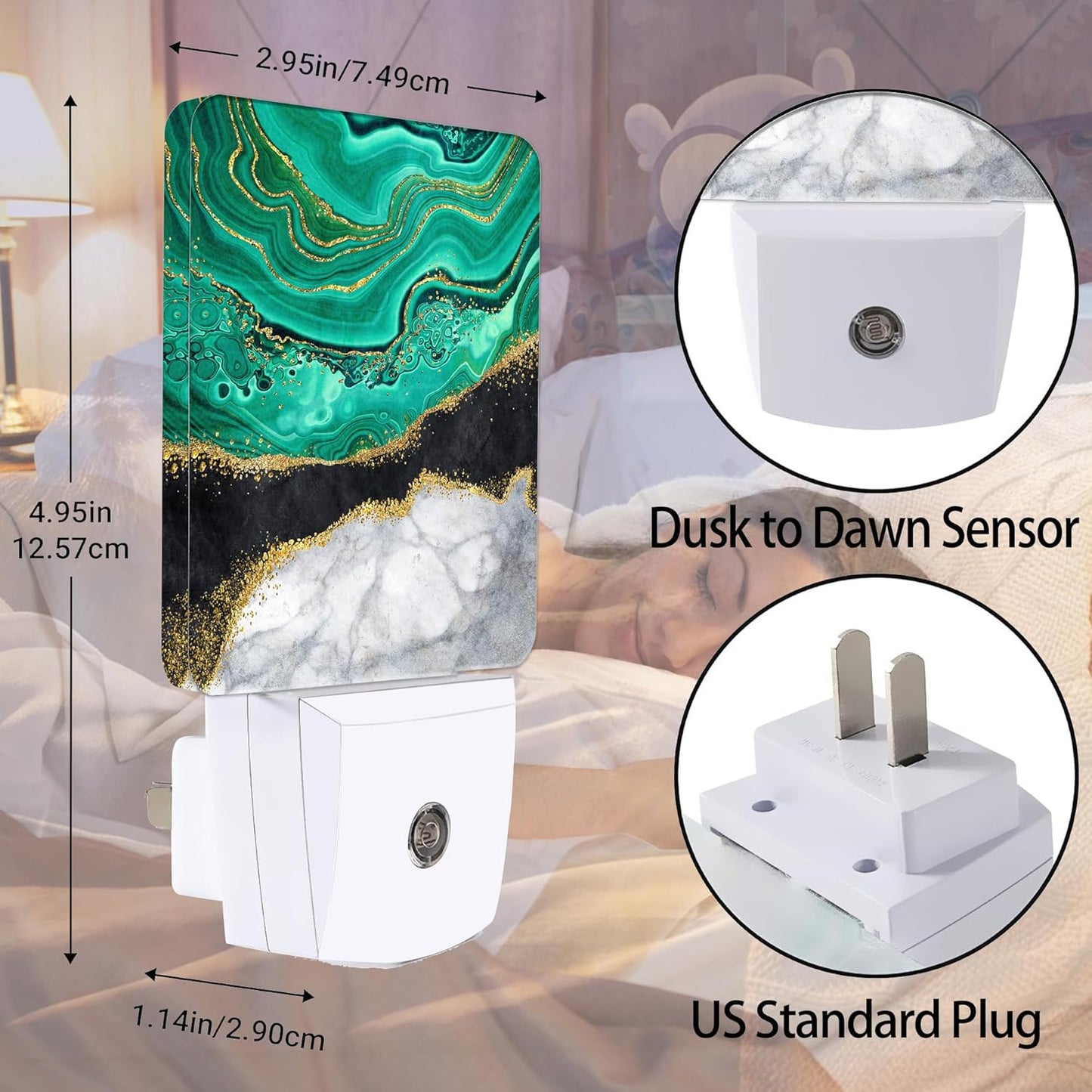 White Marble Night Light, Black Granite Green Agate Night Lights Plug into Wall Decor for Bedroom, Bathroom, Hallway, Kitchen, Dusk to Dawn Sensor Nightlights for Boys Girls Women Men Room Gifts