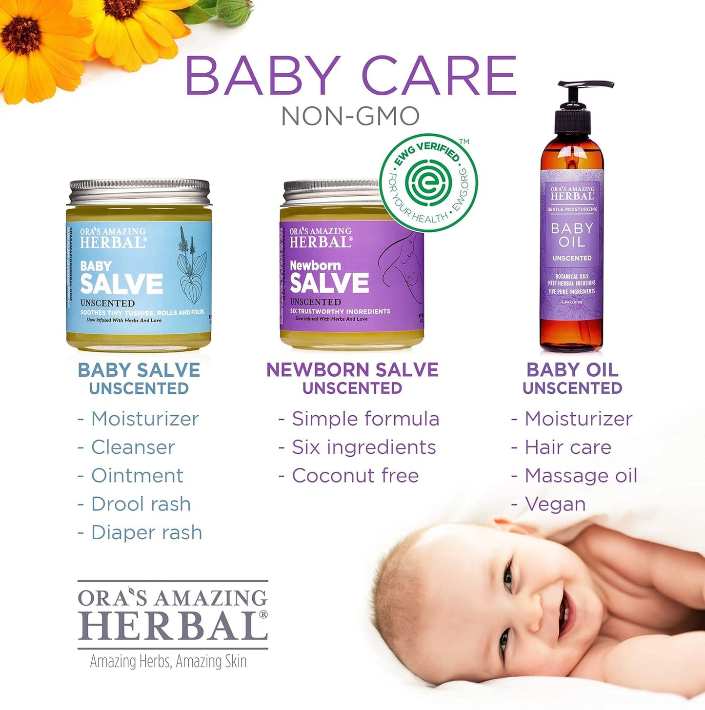 Ora's Amazing Herbal New Mom and Baby Natural Skincare Set, Natural Baby Oil, Newborn Salve, Peppermint Field Ultra Healing Body Butter for Mama's Belly, and Soothing Earl Grey Lip Balm