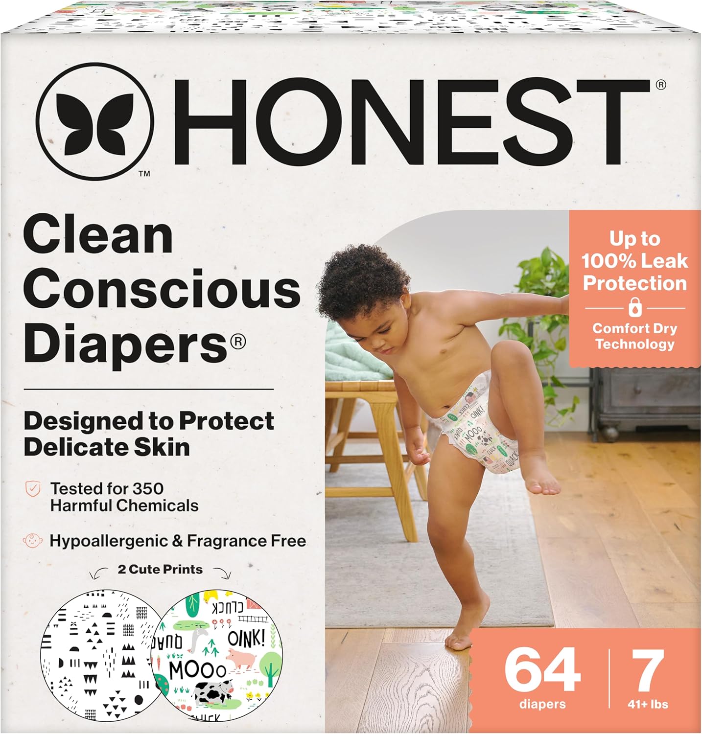 The Honest Company Clean Conscious Diapers for Delicate Skin, Up to 100% Leakproof Hypoallergenic Fragrance-Free Baby Diapers, Gender Neutral Prints, Super Club Box, Size 7 (41+ lbs), 64 Count