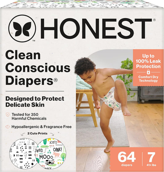 The Honest Company Clean Conscious Diapers for Delicate Skin, Up to 100% Leakproof Hypoallergenic Fragrance-Free Baby Diapers, Gender Neutral Prints, Super Club Box, Size 7 (41+ lbs), 64 Count
