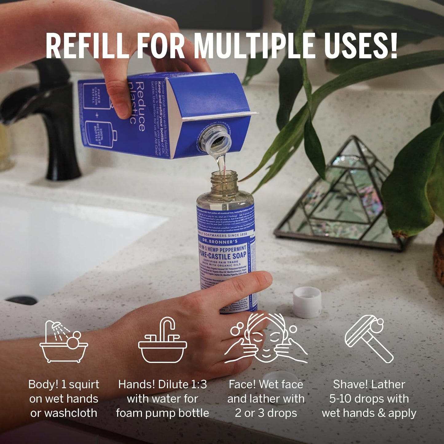 Dr. Bronner's Pure-Castile Liquid Magic Soap Bottle & Refill Carton - Made with Regenerative Organic Certified Oils- 18-in-1 Uses for Face, Body Wash, Hand Soap Refill- Peppermint, 32oz