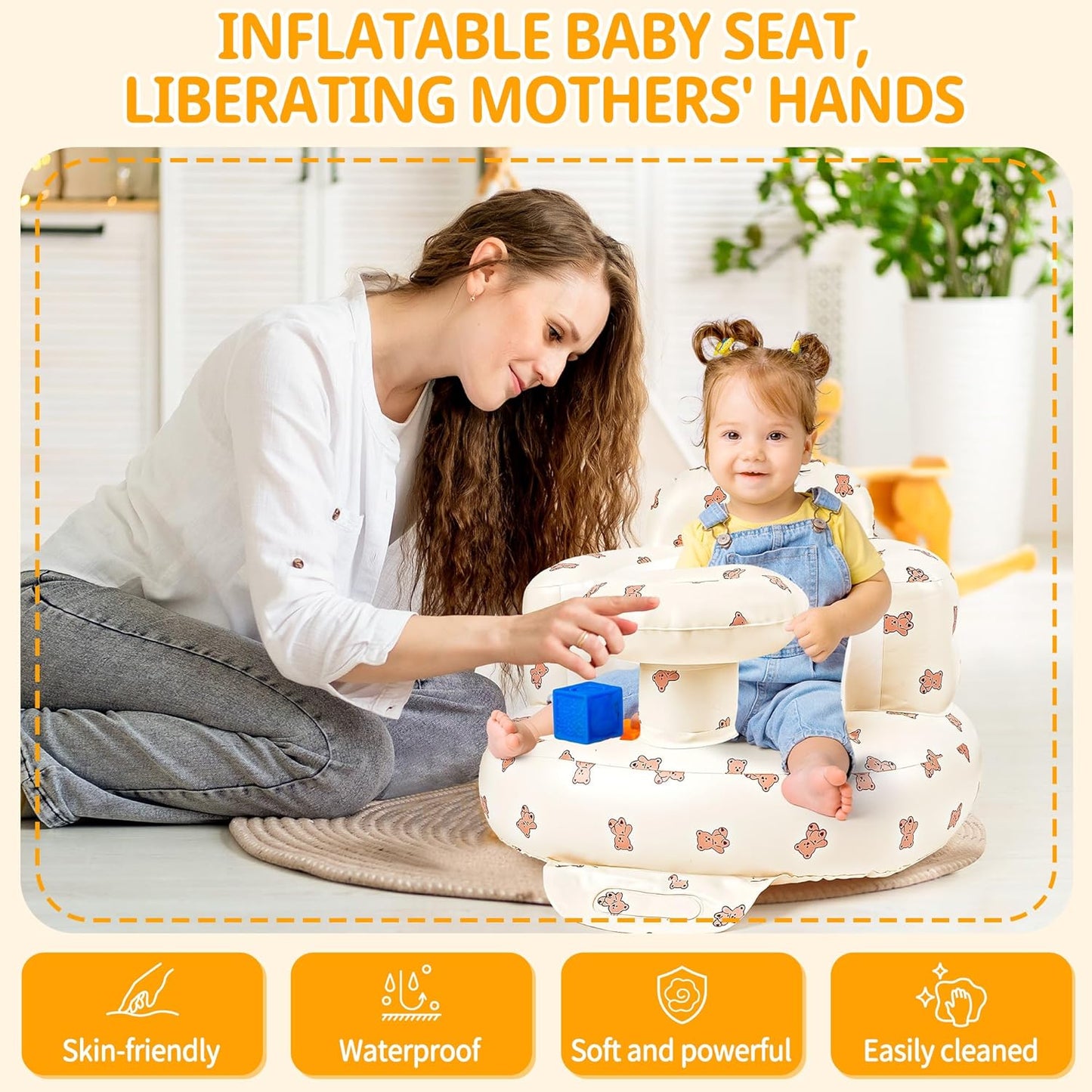 Inflatable Baby Seat with Tray, Comfortable Sit Me Up Baby Chair for Learning to Sit, Built in Air Pump Blow Up Floor Seat with Back Support 3 Months & Up (Biscuit Bear with Tray)