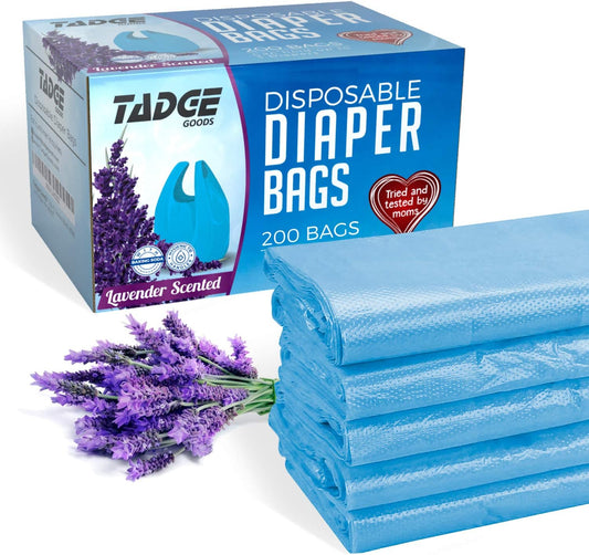 Baby Disposable Diaper Bags Scented with Lavender - Odor Absorber Biodegradable Plastic Diaper Sacks for Trash Bag Essential Items - Bags for Dirty Diapers - Refill 200 Count (Blue)