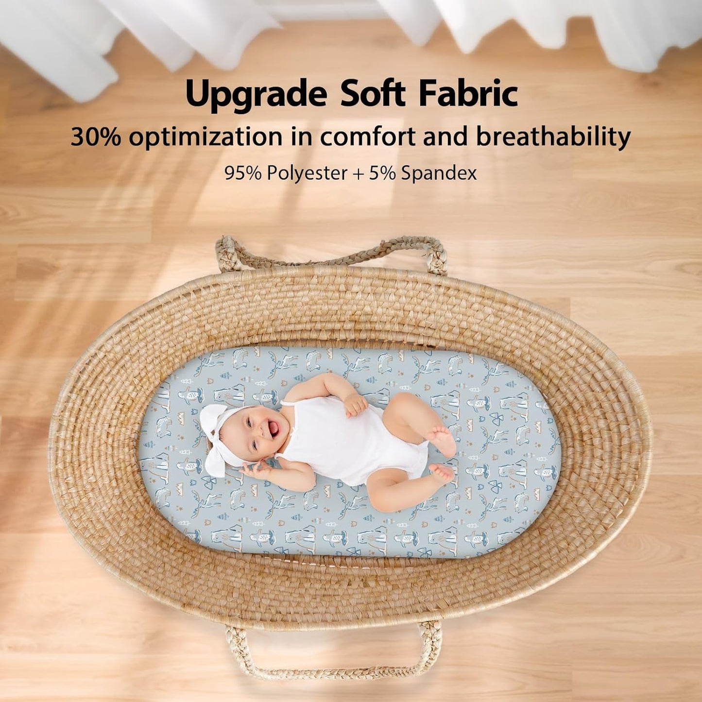Baby Bassinet Sheets Girl Boy, Fitted Bassinet Sheet Set 3 Pack Bassinet Mattress Sheets Universal Fit for Rectangle, Round, Oval, Hourglass Mattress, Soft Breathable Blue & Apricot Bear